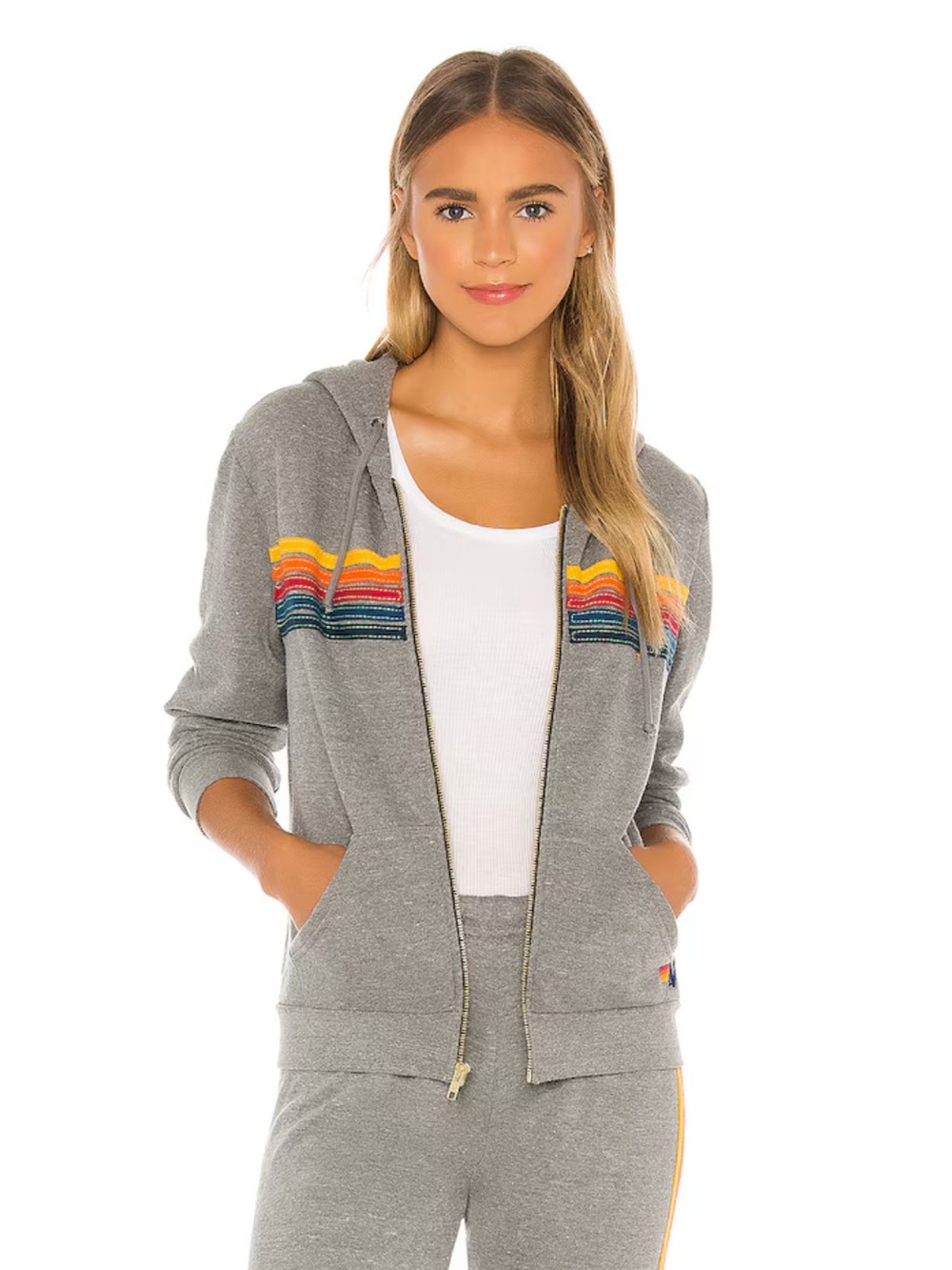 Aviator Nation Gray Zip Hoodie with Rainbow Stripe